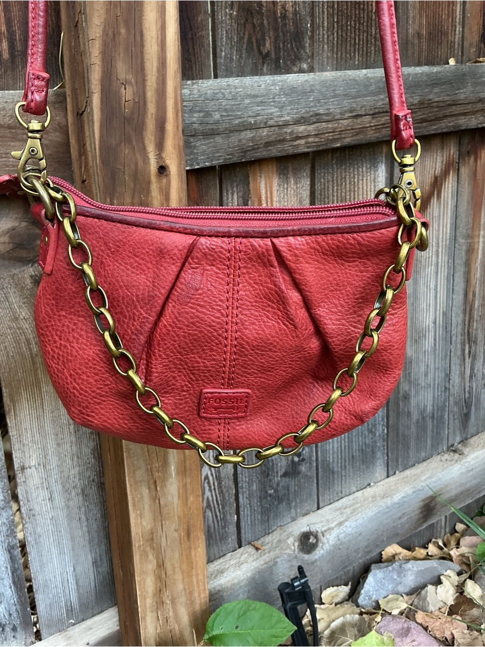 Fossil Red Pebbled Leather Mini Crossbody Bag | Brass Chain Accent